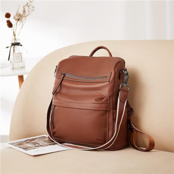 Handbags - Womens Backpack Vegan Leather with Tassel Reddish Brown